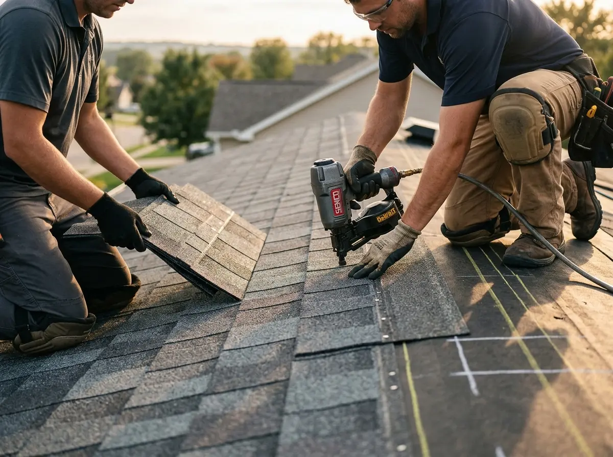 Professional roofer working on a residential roof in Reading